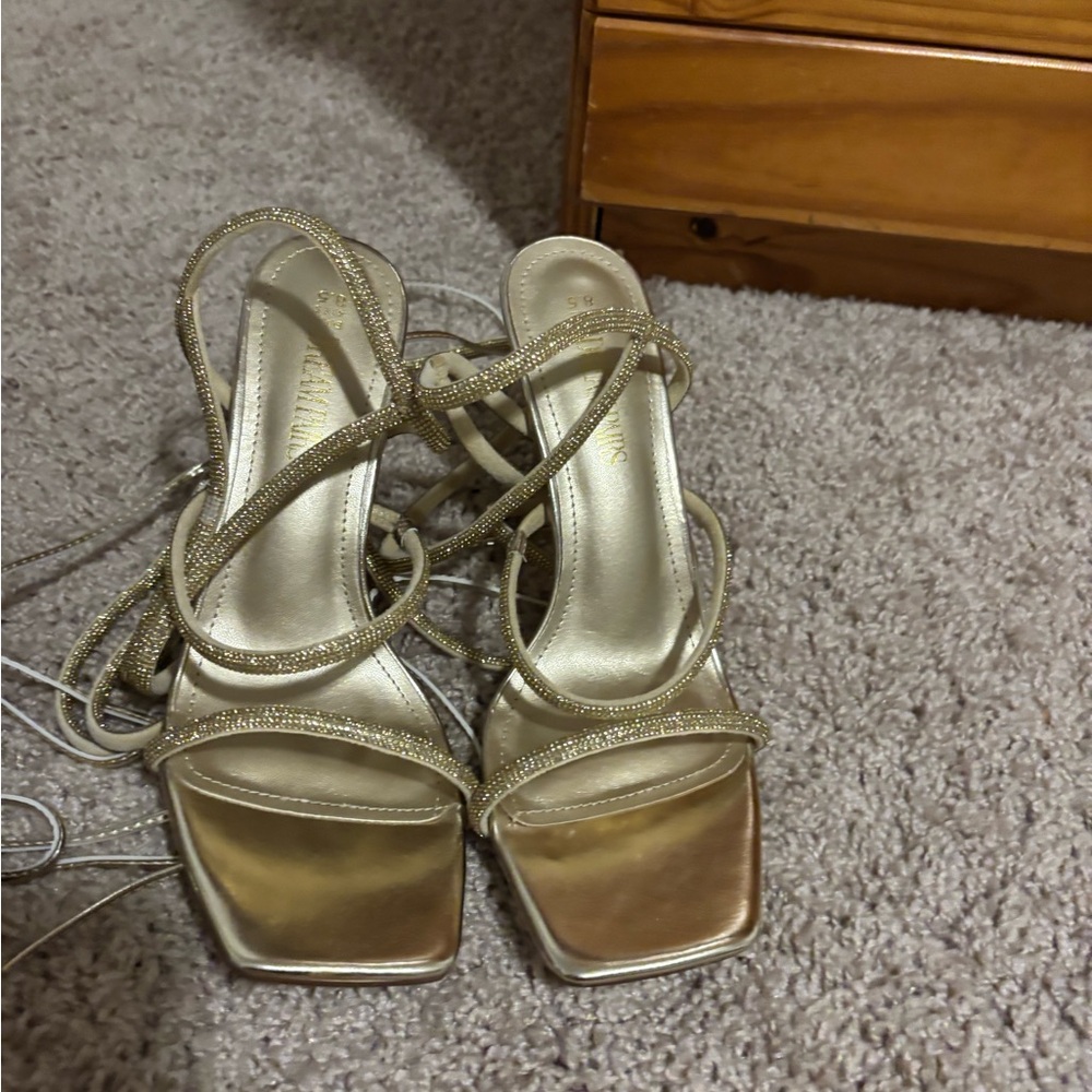 Gold Metallic Heels with Strappy Design